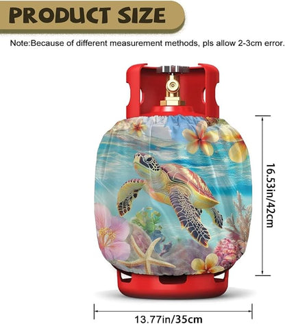 Propane Tank Covers 20lb Sea Turtle Flower Outdoor Heavy Duty Waterproof Windproof Gas Tank Cylinder Cover with Elastic Brand, Dress up Your Gas Grill,