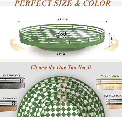 AMH 13-Inch Green and White Checkerboard Lazy Susan with Rubberwood Base | Smooth rotating oak tray with walnut finish for dining tables, kitchen counters, pantries and cabinet storage.