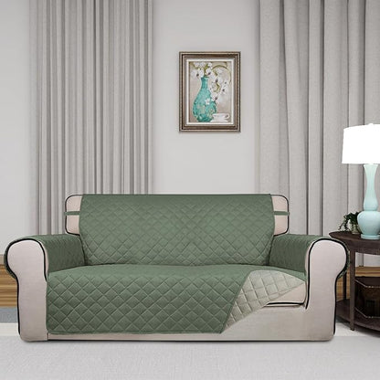 PureFit Reversible Quilted Couch Covers for Dogs Loveseat Sofa Cover 54" | Greyish Green/Beige, Water Resistant Couch Protector, Washable Pet Couch Cover with Non Slip and Elastic Straps For Kids