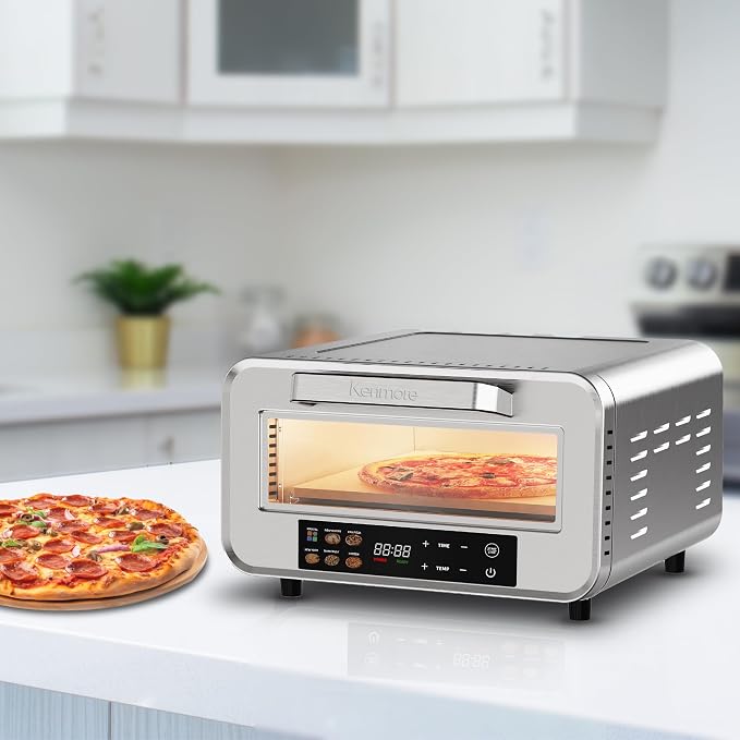 Kenmore Indoor Electric 12 inch Pizza Oven - 750°F High Heat for Wood Fired Style, 5 Presets, Pizza Stone & Peel, Stainless Steel Horno Electrico