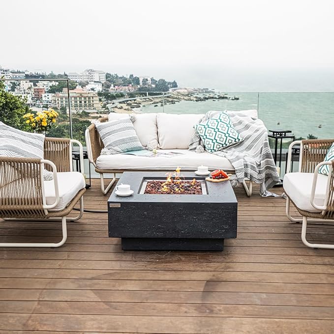 Elementi Manhattan Dark Grey Fire Pit Bundle Outdoor Firepit 36” Natural Gas Firepit Table, Glass Windscreen, Stainless Steel Cover, Canvas Cover, Floor Mat and Beverage Tub