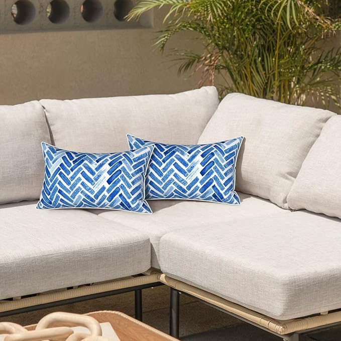 LVTXIII 2 Pack Outdoor Lumbar Pillow Covers 12x20 Inch with Piping, Water-Repellent Back Cushion Covers ONLY for Patio Furniture, Sofa, Garden Bench, Blue Bricks