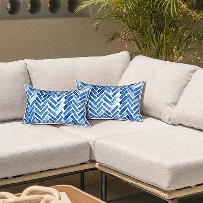 LVTXIII 2 Pack Outdoor Lumbar Pillow Covers 12x20 Inch with Piping, Water-Repellent Back Cushion Covers ONLY for Patio Furniture, Sofa, Garden Bench, Blue Bricks