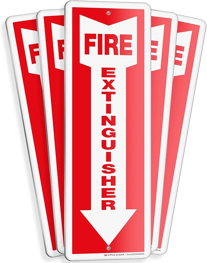 iSYFIX Reflective Fire Extinguisher Aluminum Signs – 5 Pack 4x12 Inch – Laminated for Ultimate UV and Fade Resistance, Indoor and Outdoor, for Business, Schools, Hospitals, Home