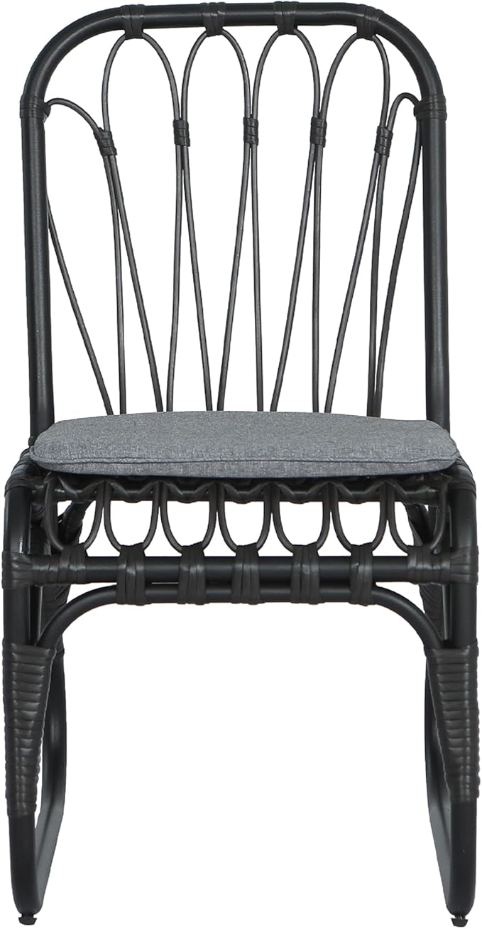 Christopher Knight Home Set of 2 Busby Patio PE Wicker Dining Chairs, Outdoor Woven Rattan Accent Chair with Iron Frame+Cushion, Fully Assembled Lounge Chair Outdoor for Garden/Balcony, Black+Grey