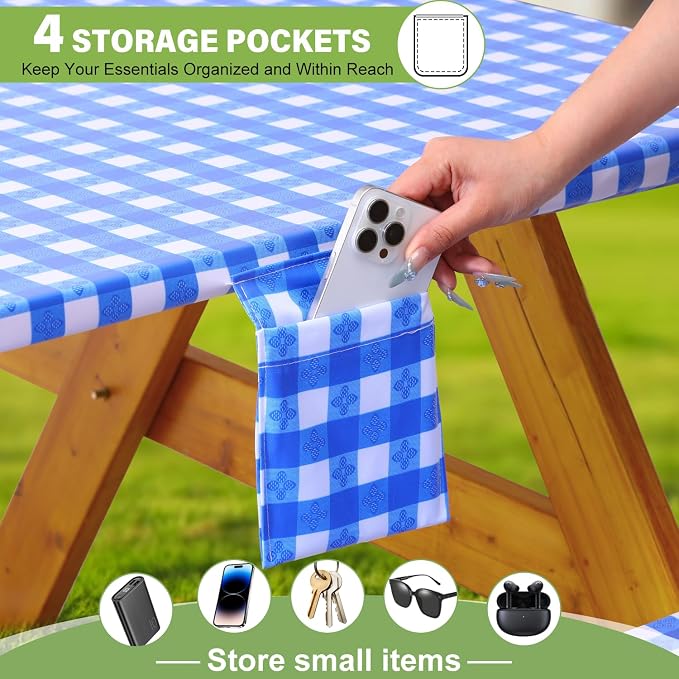 Fitted Picnic Table Cover with Bench Covers Waterproof Elastic Edges Rectangle Patio Tablecloth Outdoor Camping Essentials Stuff Rv Accessories Summer Trip Travel Supplies Party Camper Gifts, 8 ft