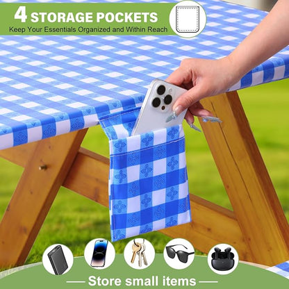 Fitted Picnic Table Cover with Bench Covers Waterproof Elastic Edges Rectangle Patio Tablecloth Outdoor Camping Essentials Stuff Rv Accessories Summer Trip Travel Supplies Party Camper Gifts, 8 ft