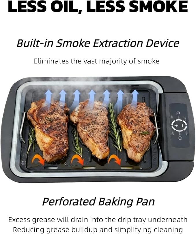 Indoor Smokeless Grill & Griddle 1100W Electric Gill Korean BBQ Low Smoke with Fan 6-Speed Temperature Control Non-Stick ‎Grill Plate with Drain Holes Dishwasher Safe 5-Serving Apartment Dorm