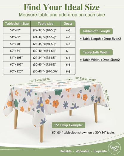Seenus Waterproof Floral Vinyl Rectangle Tablecloth with Flannel Backing | 54x72 Inch Wipeable Flower Table Cloth Rectangular for Summer Indoor Outdoor Picnic Birthday Party, Cute Plastic Tablecover