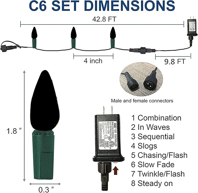 Dazzle Bright C6 Christmas String Lights, 100 LED 33 FT Outdoor Christmas Lights Waterproof Connectable, 8 Modes Lights for Indoor Outdoor Home Garden Yard Xmas Tree Decorations (Warm White)