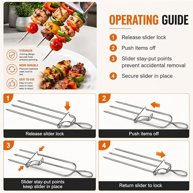 3 Prong Kabob Skewers for Grilling Set, 14.7" Stainless Steel Metal BBQ Skewers with Push-Off Slider, Silicone Basting Brush & Storage Bag, Reusable Shish Kabob Skewers for Meat & Vegetables