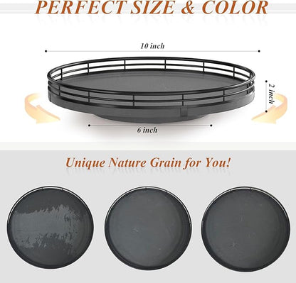 AMH10-Inch Natural Slate Lazy Susan with Black Raised Iron Rim | Smooth rotating oak tray with walnut finish for dining tables, kitchen counters, pantries and cabinet storage.
