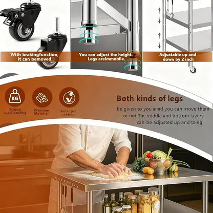 Stainless Steel Prep and Work Table with Wheels, Multi-Size Heavy-Duty Metal Commercial Kitchen Commercial Workbench,Suitable for Restaurants, Homes,Outdoor and Hotels (24" Lx24 Wx34 H)