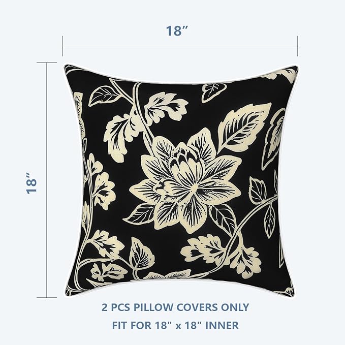 LVTXIII Outdoor Throw Pillow Covers Set of 2, Patio Waterproof Pillow Cases Fade Resistant Accent Pillow Covers for Home and Garden Furniture Decoration, 18"x18", Elegant Vines Black