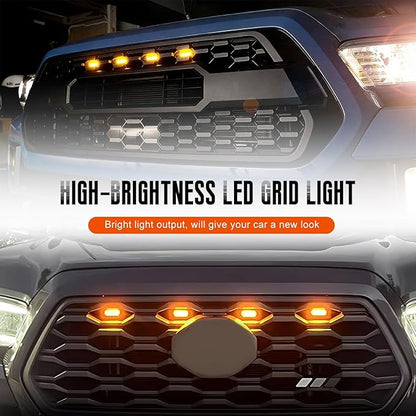 4 PCS Car LED Grille Lights, Bright Vehicle Front Grille Lamp Decorative Light with Wiring Harness, Waterproof LED Grill Lamps Trim Lights for 2017-2019 F150 Raptor (Black & Yellow, 4 Lights)