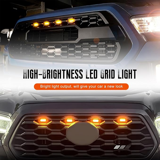 4 PCS Car LED Grille Lights, Bright Vehicle Front Grille Lamp Decorative Light with Wiring Harness, Waterproof LED Grill Lamps Trim Lights for 2017-2019 F150 Raptor (Yellow, 4 Lights)