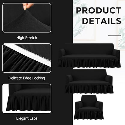 Fanfanwin 3 Pcs Sofa Slipcover Set for Couch Cushion Durable Washable High Elastic Stretchable Furniture Couch Covers with Skirt for Sofa Loveseat Arm Chair(Black,Milk Silk)