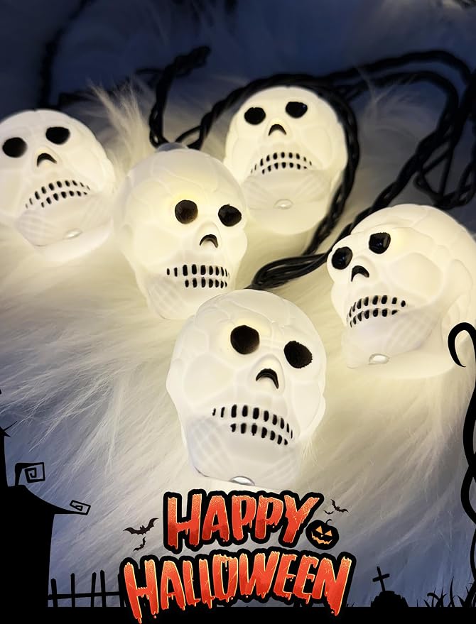 8.5Ft Halloween White Skull String Lights Outdoor, Halloween Decoration String Lights with 10 LED Skeleton Lights Waterproof, Hanging Holiday Lights for Indoor/Outdoor Yard Porch Patio Party Decor