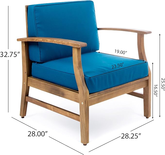 Christopher Knight Home Perla Outdoor Acacia Wood Club Chairs with Water Resistant Cushions, 2-Pcs Set, Teak Finish / Blue
