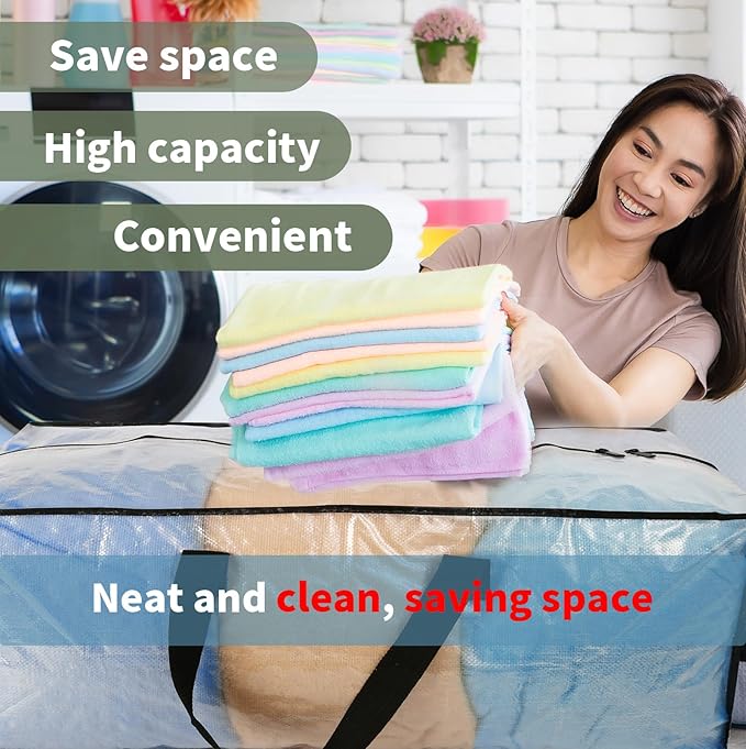 Heavy Duty Clear Moving Bags with Strong Zipper & Comfortable Handles | 4 Pack Extra Large Storage Bags Totes Moving Boxes Packing Supplies for College Dorm Room Essentials Compatible with IKEA