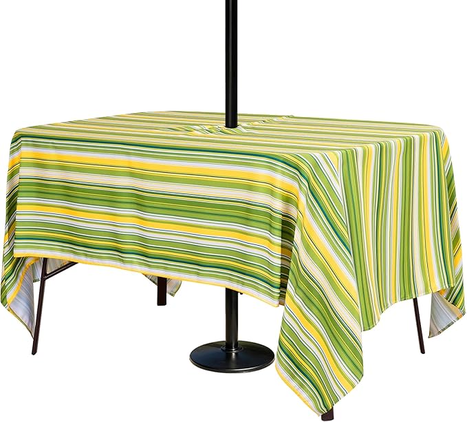 Poise3EHome Rectangle Outdoor Tablecloth with Umbrella Hole and Zipper,Green Stripe 70x52 Inch,Polyester SpillProof Washable Table Cloth for Spring Summer Patio Garden Poolside Picnic Camping BBQS