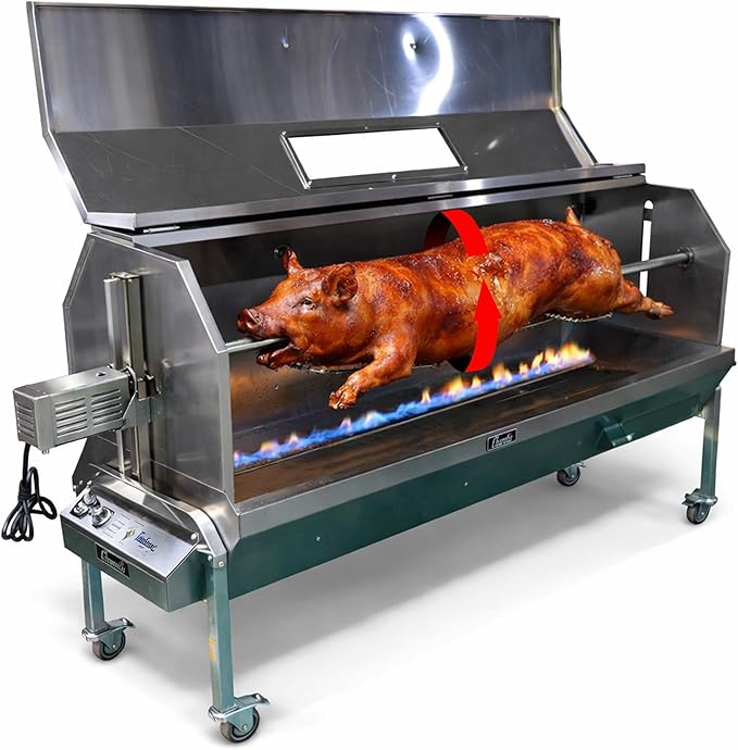 52 Inch Propane Rotisserie Spit Roaster for Whole Pig, Lamb, Goat, Stainless Steel BBQ Grill with Hood, 50W Motor 200 lb Torque, 4 RPM, Thermometer, Grates, Drip Pan & Accessories - SSG1