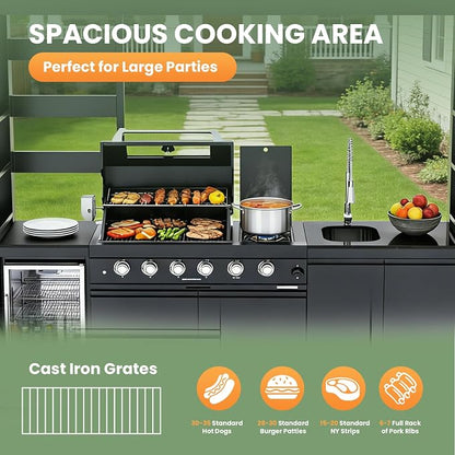 Stainless Steel Outdoor Kitchen Island 110" with 4-Burner 72000 BTU,Propane Grill with Side Burner,Rotisserie Oven,Galvanized Steel Roof,Granite Countertops,Refrigerator,Storage,Sink.(Propane Gas)