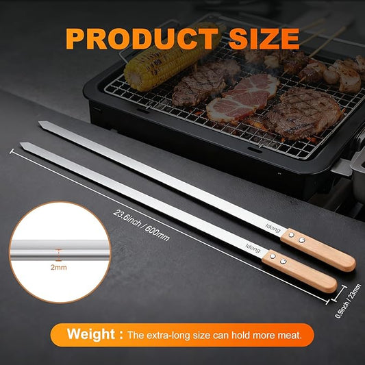 Idong 10 PCS Kabob Skewers 23.6" Flat Stainless Steel BBQ Skewers for Grilling Meat with Wood Handle and Tip Guards, Heavy Duty Reusable for Koobideh Persian Brazilian Shish Kebab (Natural wood)