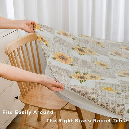 LIBERECOO Round Vinyl Fitted Tablecloth with Flannel Backing Elastic Edge Table Cover Waterproof Stain-Resistant Wipeable Tablecloths Fits 40-44" Round Tables