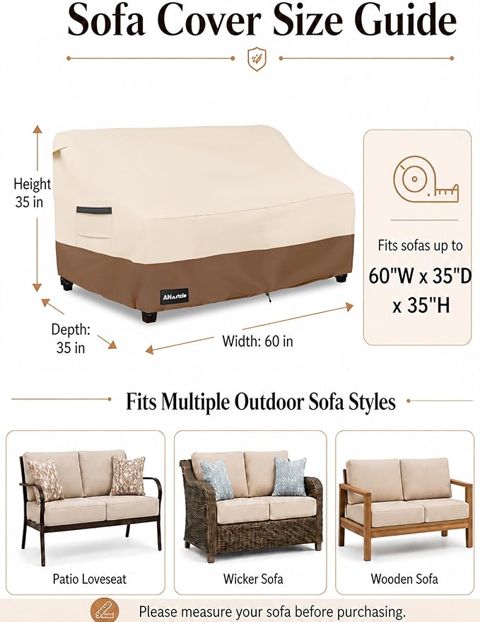 ANartcle 2-Seater Patio Loveseat Cover,60W x 34D x 30H Inches Outdoor Couch Cover,100% Waterproof Heavy Duty Outdoor Sofa Covers,Patio Furniture Covers,Beige&brown