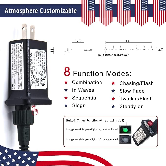 JMEXSUSS 200 LED 66ft Red White and Blue Lights Outdoor Plug in | Connectable Waterproof 4th of July Lights, 8 Modes Patriotic String Lights for Tree Independence Day Indoor Decorations