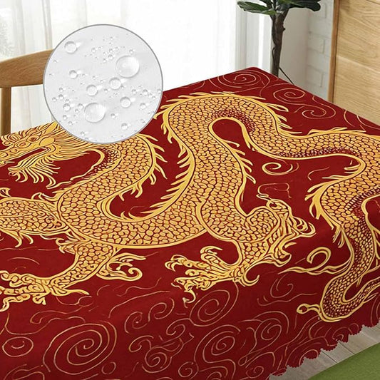 Dragon Decorative Tablecloth, Chinese Dragon Golden Red Kitchen Table Cover Oblong 52"X70" Tablecloths Dining Table Cloth Decor for Buffet Parties Patio and Camping