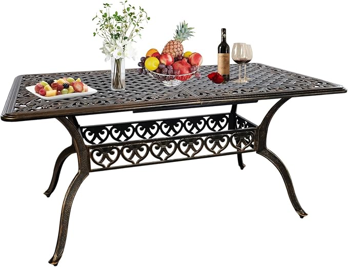 58.66" Bronze Aluminum Hollow Pattern Outdoor Dining Table, Fits 8, With Umbrella Hole