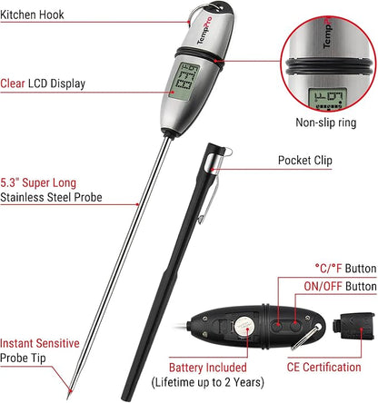 TempPro TempSwift 1 Sec Digital Food Thermometer for Kitchen Cooking | Meat Thermometer Digital, 5.3 inches Super Long Probe, Bread Baking Sourdough Liquids Candy Making Accessories Gift