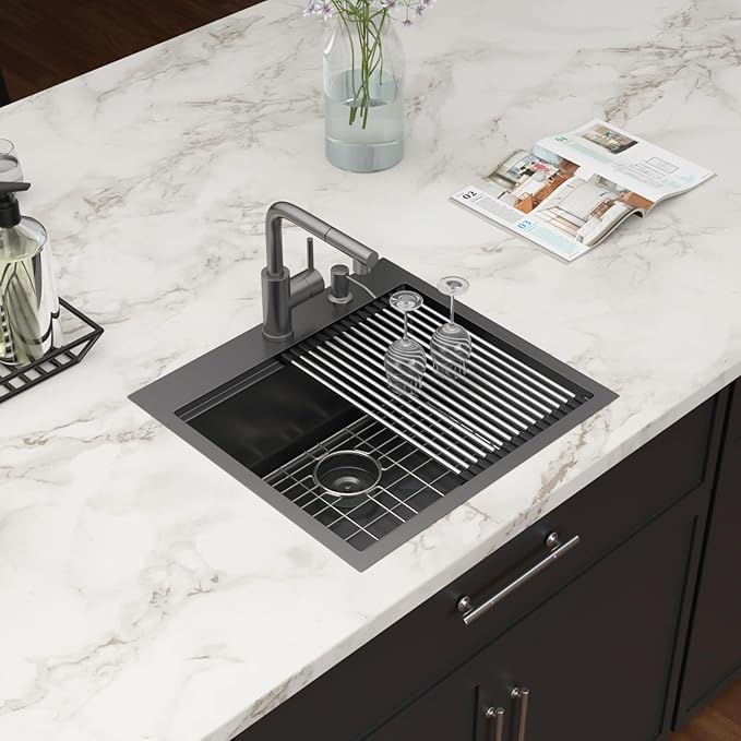 21 Inch Black Drop In Bar Sink Outdoor Kitchen Sink Workstation 16 Gauge Stainless Steel Single Bowl Small Sinks with Pull-out Faucet 21"x20"x9"