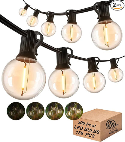 Outdoor String Lights 300FT Wateproof Outside Lighting for Patio Backyard | 154 Plastic Dimmable G40 Globe Bulbs,2-Pack 150FT Connectable Outdoor Lights for Porch Bistro Garden Gazebo Balcony Yard Cafe