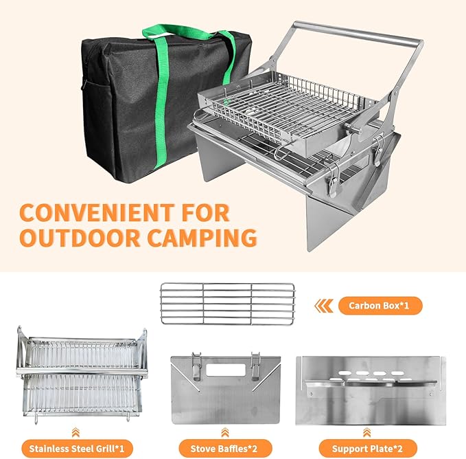 Portable 360°Rotating Charcoal Grill with Flipping Basket - 304 Stainless Steel Barbecue Grill for Camping, Tailgating, and Outdoor Adventures, Easy to Disassemble, Includes BBQ Bag New Upgrade