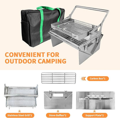 Portable 360°Rotating Charcoal Grill with Flipping Basket - 304 Stainless Steel Barbecue Grill for Camping, Tailgating, and Outdoor Adventures, Easy to Disassemble, Includes BBQ Bag New Upgrade