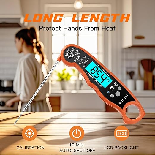 KULUNER Digital Meat Thermometer Instant Read, Orange Waterproof Food Thermometer with 4.6" Folding Probe, Backlight & Calibration, 2-3s Fast Reading for Kitchen BBQ Grilling Cooking - Orange
