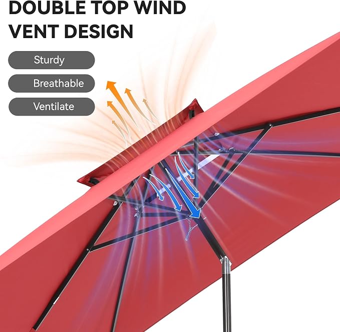 6.6 x 10 ft Rectangular Patio Umbrella, Outdoor Market Table Umbrella with Push Button Tilt and Crank, Double-Tier Vent, 6 Ribs, Rectangle Patio Umbrella for Backyard, Deck, Pool, Fits 4–6 Chairs and Tables (Wine Red)