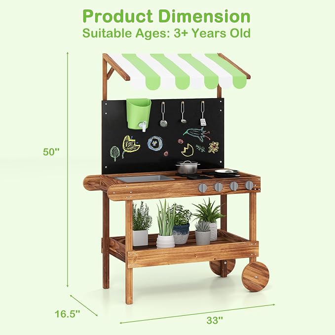 INFANS Mud Kitchen, Outdoor Play Kitchen with Drawing Board, Real Water Flow, Removable Sink, Storage, Cooking Accessories, Wooden Kids Kitchen Playset Gift for Boys Girls Ages 3+