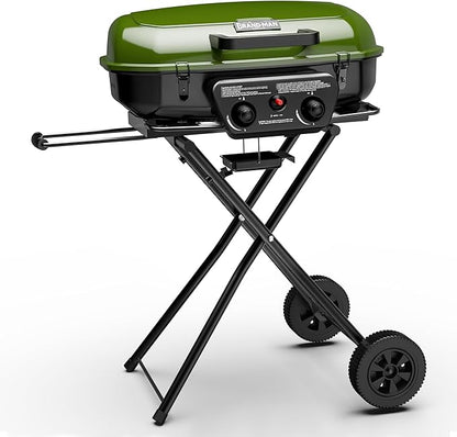 Brand-Man Portable Gas Grill, 2-in-1 Propane Camping Grill & Griddle Porcelain-Enameled with Folding Stand-Up Cart, 18,000 BTU 2-Burner Outdoor BBQ for Family Camping, Tailgating and Patio, Green