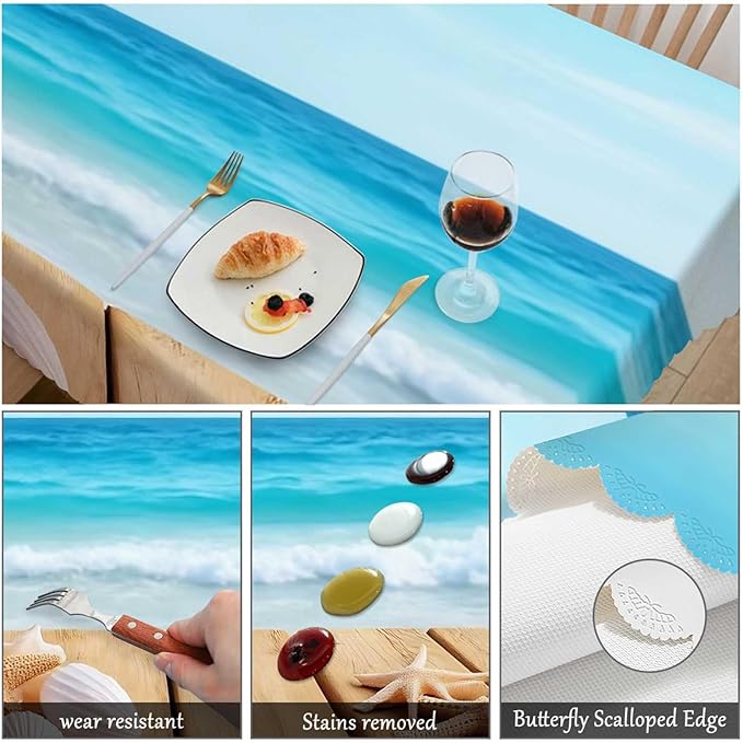 Swono 52x70 Inch Seashells Tablecloth Boardwalk Shells Starfish Sea Ocean Farmhouse Dining Table Cloth Anti-Stain Talking Table Cover for Kitchen Dinning Room Coffee Store