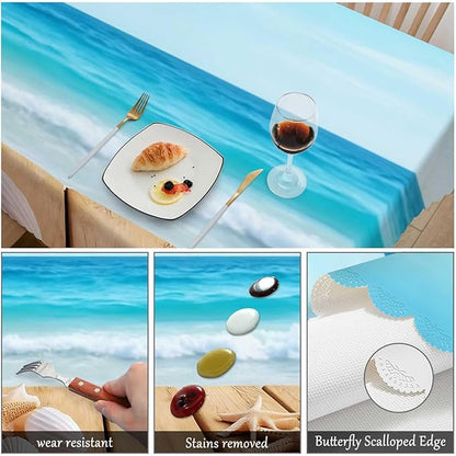 Swono 52x70 Inch Seashells Tablecloth Boardwalk Shells Starfish Sea Ocean Farmhouse Dining Table Cloth Anti-Stain Talking Table Cover for Kitchen Dinning Room Coffee Store