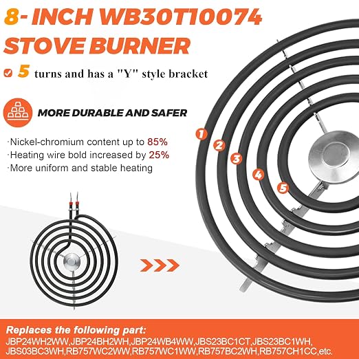 【Upgraded】 8" WB30T10074 Electric Stove Burner for GE Hotpoint Stove Oven Coil Surface Heating Element Replace CH30T10074 S30T10074 PS243922 AP3186376 JBS07C2WW RBS330DRWW JB258RM2SS by Beaquicy