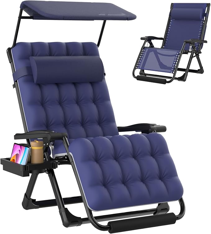 Suteck Zero Gravity Chair with Canopy,33In XXL Oversized Lounge Chairs | w/Removable Cushion&Headrest, Upgraded Lock and Footrest, Folding Reclining Patio Chairs Recliner for Indoor Outdoor
