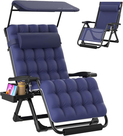 Suteck Zero Gravity Chair with Canopy,33In XXL Oversized Lounge Chairs | w/Removable Cushion&Headrest, Upgraded Lock and Footrest, Folding Reclining Patio Chairs Recliner for Indoor Outdoor