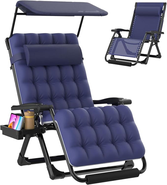 Suteck Zero Gravity Chair with Canopy,33In XXL Oversized Lounge Chairs | w/Removable Cushion&Headrest, Upgraded Lock and Footrest, Folding Reclining Patio Chairs Recliner for Indoor Outdoor