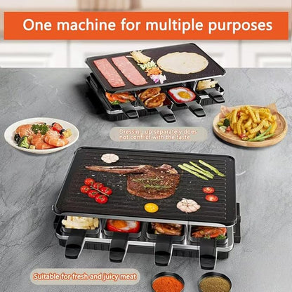 Raclette Grill for 8 — 1300W Tabletop Party Grill with 2-in-1 Reversible Non-Stick Plate | 8 Individual Cheese Pans & Spatulas | Korean BBQ + Cheese Grill | Adjustable Temp, Dishwasher Safe