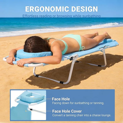 DoCred Heavy Duty Tanning Chair with Face Hole, Adjustable 5-Position Folding Chaise Lounge Chairs for Outside, Portable Lay Flat Beach Lounge Chair for Outdoor Sunbathing Beach Pool Lawn Camping